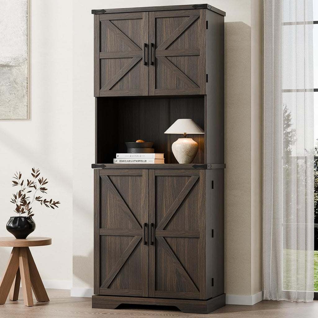 Cozy Castle 74" Farmhouse Pantry Cabinet with Charging Station, Tall Kitchen Storage Hutch Cabinet Coffee Bar Workstation, Sideboard Buffet Cupboard for Dining Room Living Room Furniture, Dark Brown