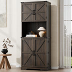 Cozy Castle 74" Farmhouse Pantry Cabinet with Charging Station, Tall Kitchen Storage Hutch Cabinet Coffee Bar Workstation, Sideboard Buffet Cupboard for Dining Room Living Room Furniture, Dark Brown