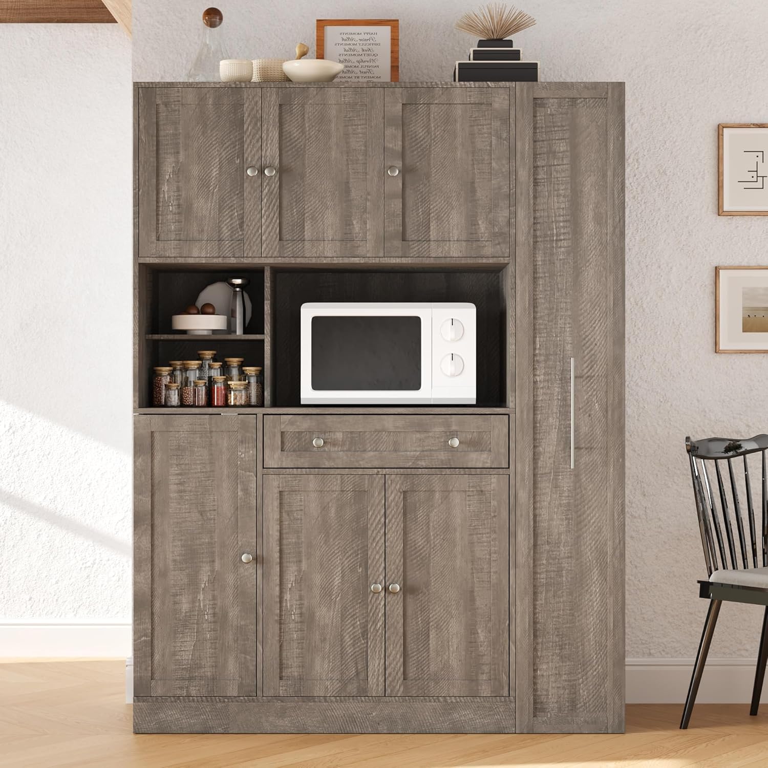 Merax Farmhouse Pantry Storage Cabinet, Freestanding Buffet Cabinet with Pull-Out Side Cabinet, Door Shelves and Drawer, Kitchen Hutch with Doors,Brown(52.8x17.7x70)