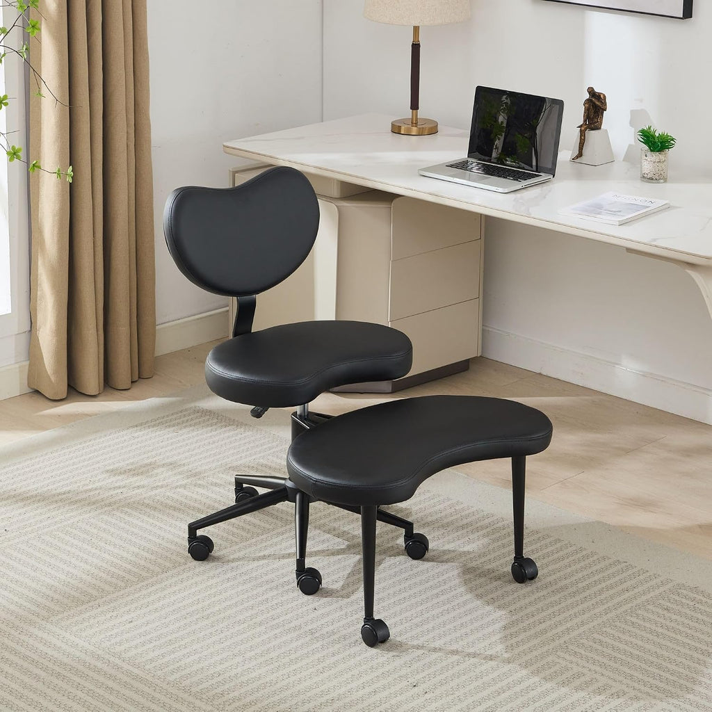 Meditation Chair Plus, Cross Legged Chair with Wheels, ADHD Chair, Criss Cross Desk Chair with Lumbar Support and Adjustable Stool, Flexible Design for Fidgety Sitters, Black PU