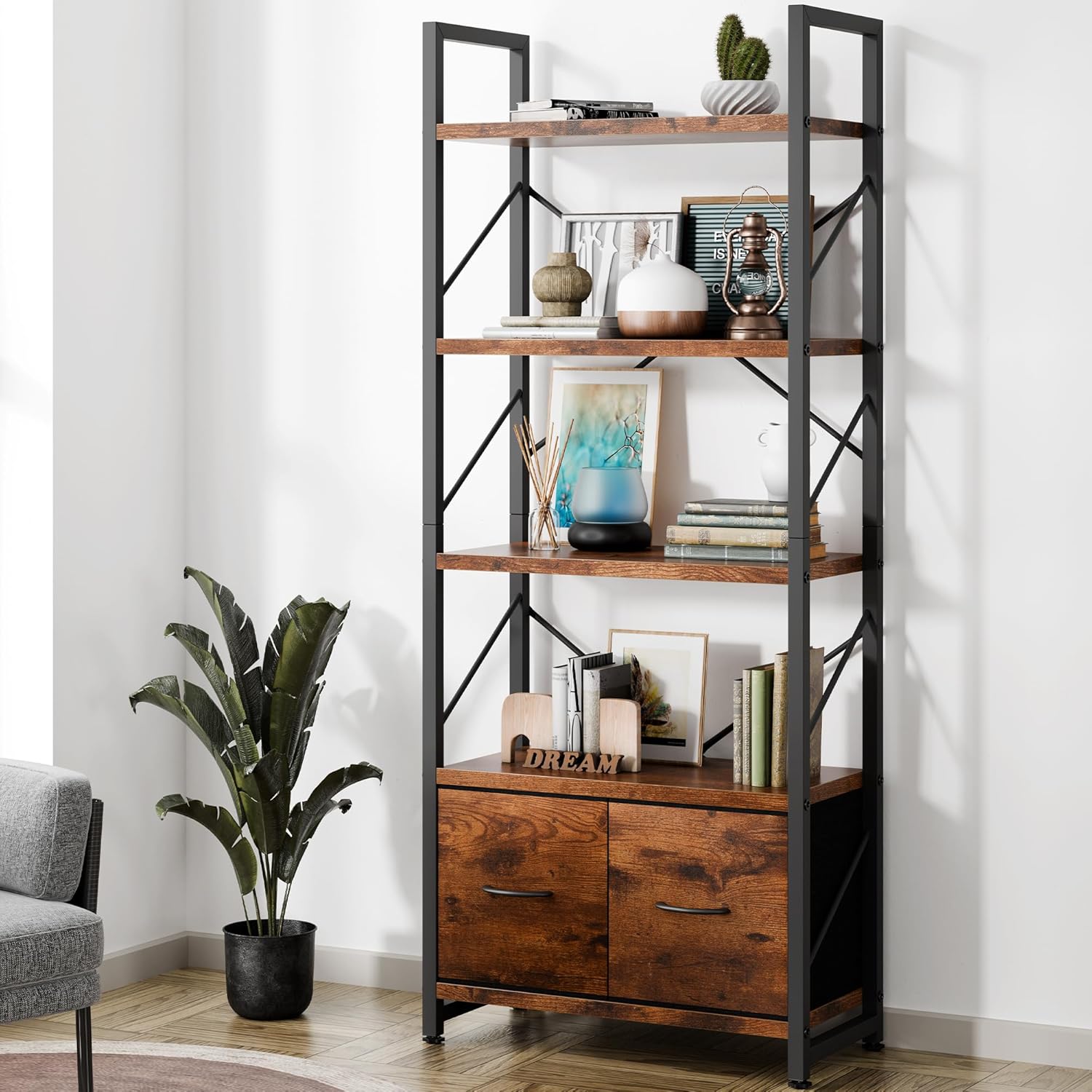 Shintenchi 5 Tier Bookshelf with Drawers, Display Standing Shelf Units, Wood and Metal Bookshelves Storage Organizer, Bookcase for Home Office Bedroom, Kitchen, Living Room, Rustic Brown