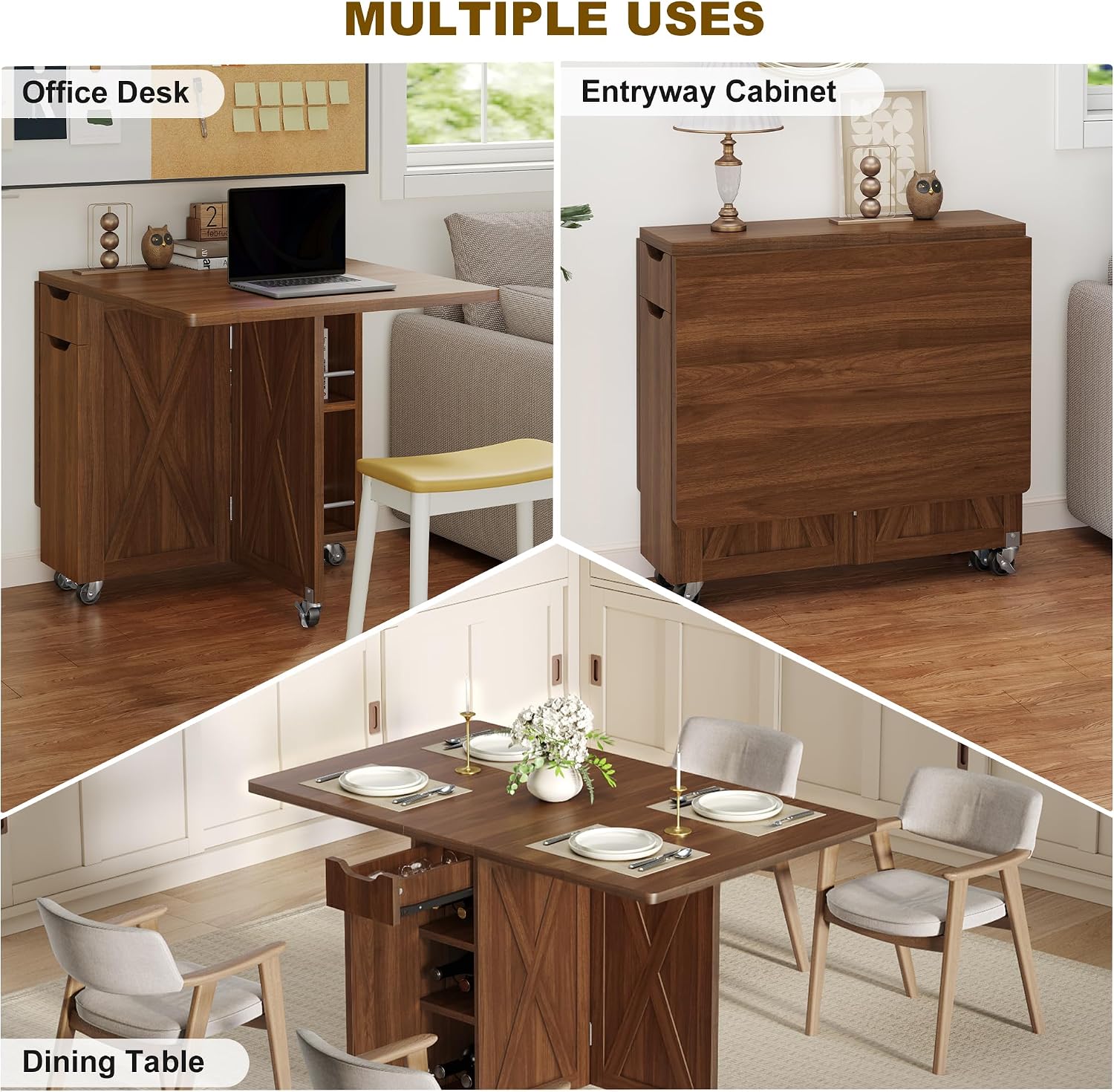 52.7" Folding Dining Table with 6 Wheels, Foldable Dining Table with Drawer, Shelves and Wine Racks, Drop Leaf Table for Small Spaces, Suitable for Kitchen, Dining Room, Apartment (Walnut)