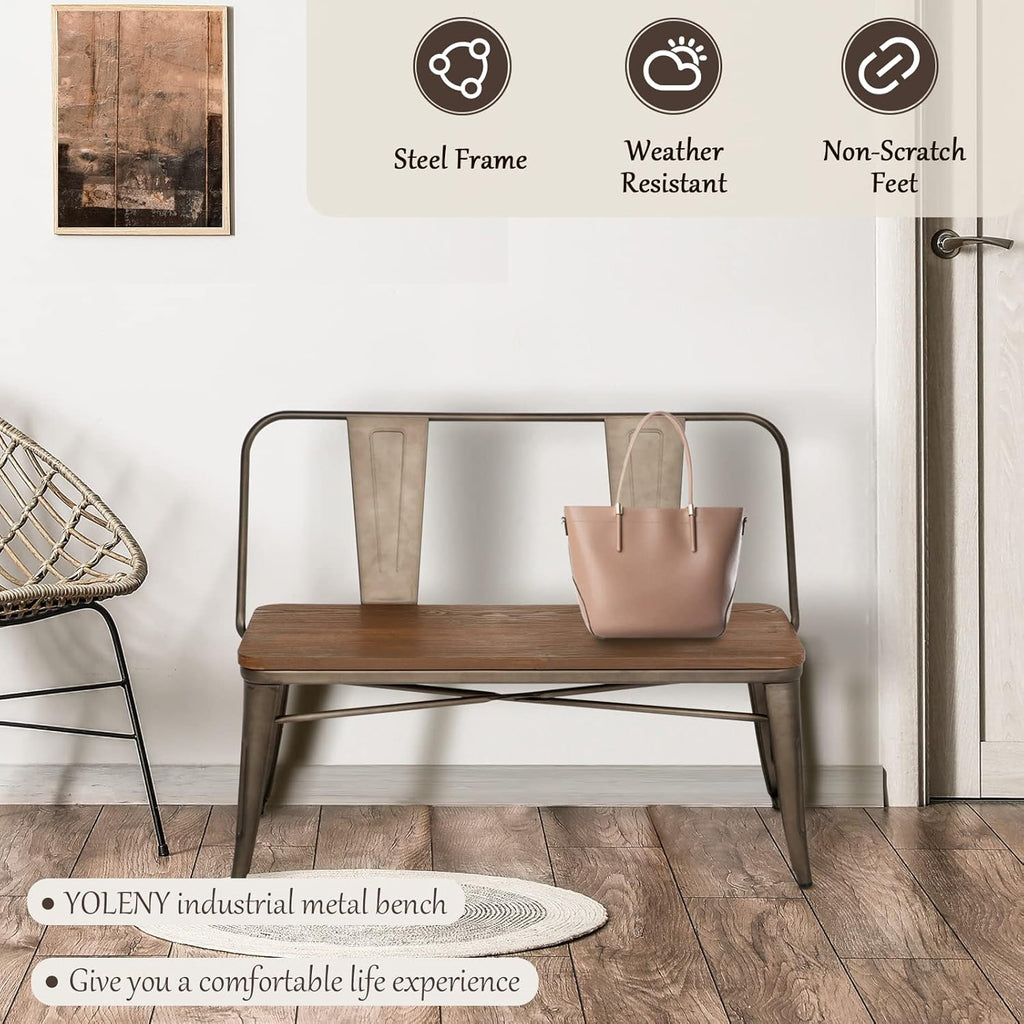 YOLENY Dining Bench, Farmhouse Metal Entryway Chair with Back, Industrial Mid-Century 3 Person Rustic Spindle Bench, with Wood Seat, Removable Backrest, 42in, Bronze