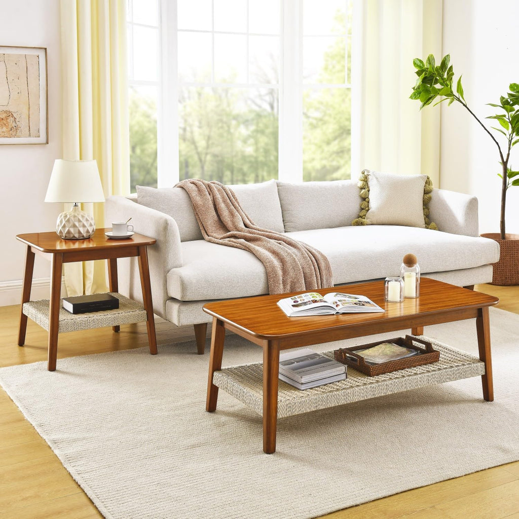Geelife 23" Mid-Century Side Table with Woven Shelf, Boho Side Table with Storage