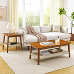 Geelife 23" Mid-Century Side Table with Woven Shelf, Boho Side Table with Storage