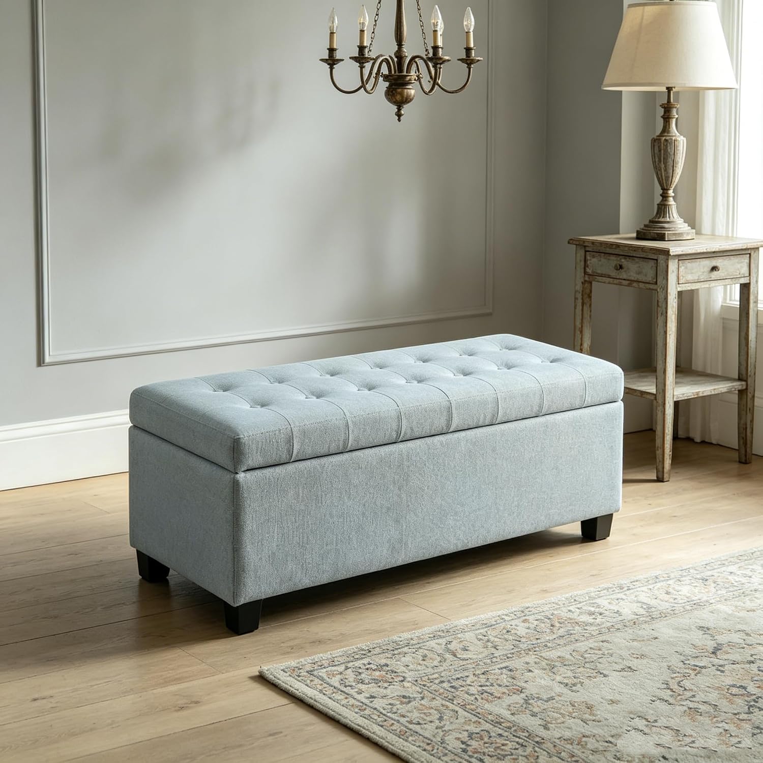 50.25" Storage Ottoman Bench with Safety Hinges for Kids Room: Slow-Close Lid Prevents Pinched Fingers - Baby Blue Footrest Stool for Bedroom, Living Room, Entryway, Hallway - Holds 8x Slower