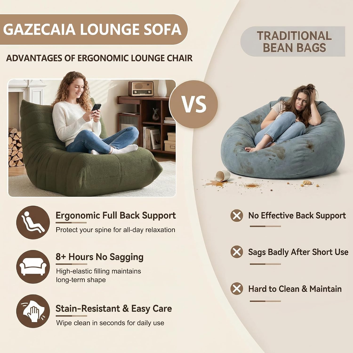Gazecaia Comfy Bean Bag Chair for Adults Teens | Fireside Floor Lounge Chair, Soft Teddy High-Resilience Memory Foam Bean Bag Couch with Non-Slip Base, for Living Room Bedroom Apartment Office, Green