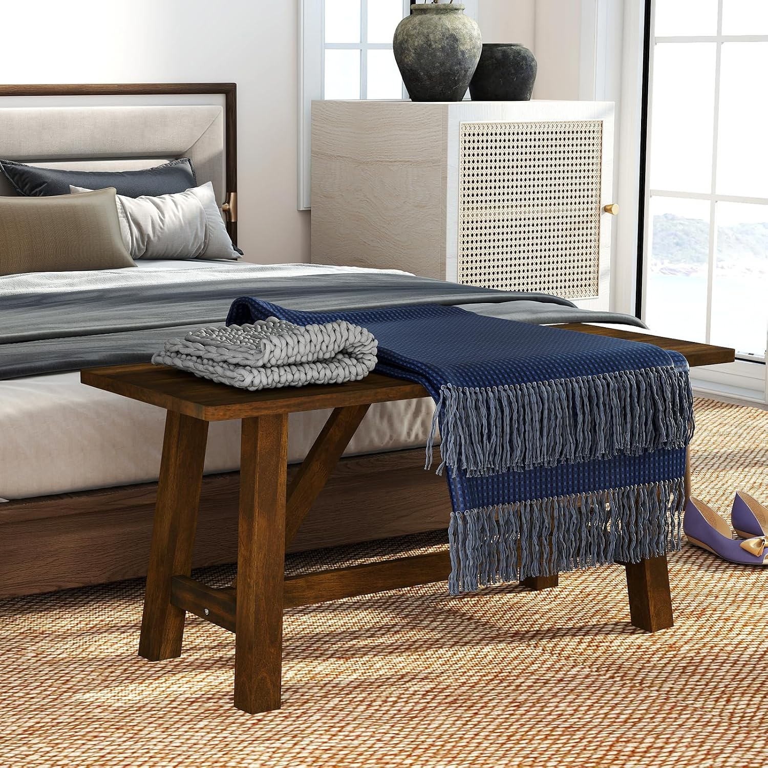 GOFLAME 38” Wood Dining Bench, Farmhouse Entryway Bench with Rubber Wood Frame, Shoe Changing Bench Seat, End of Bed Bench for Hallway, Kitchen, Dining Room, Bedroom, 400 LBS Weight Capacity
