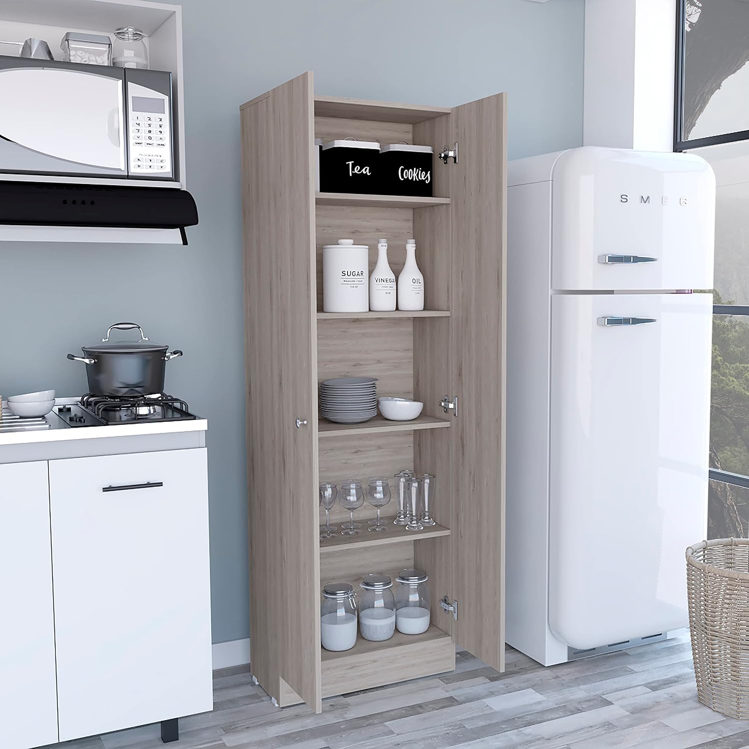 Modern Kitchen Pantry, Gray Storage Cabinet with 5 Shelves & Double Door, Easy to Maintain, for Dining Room