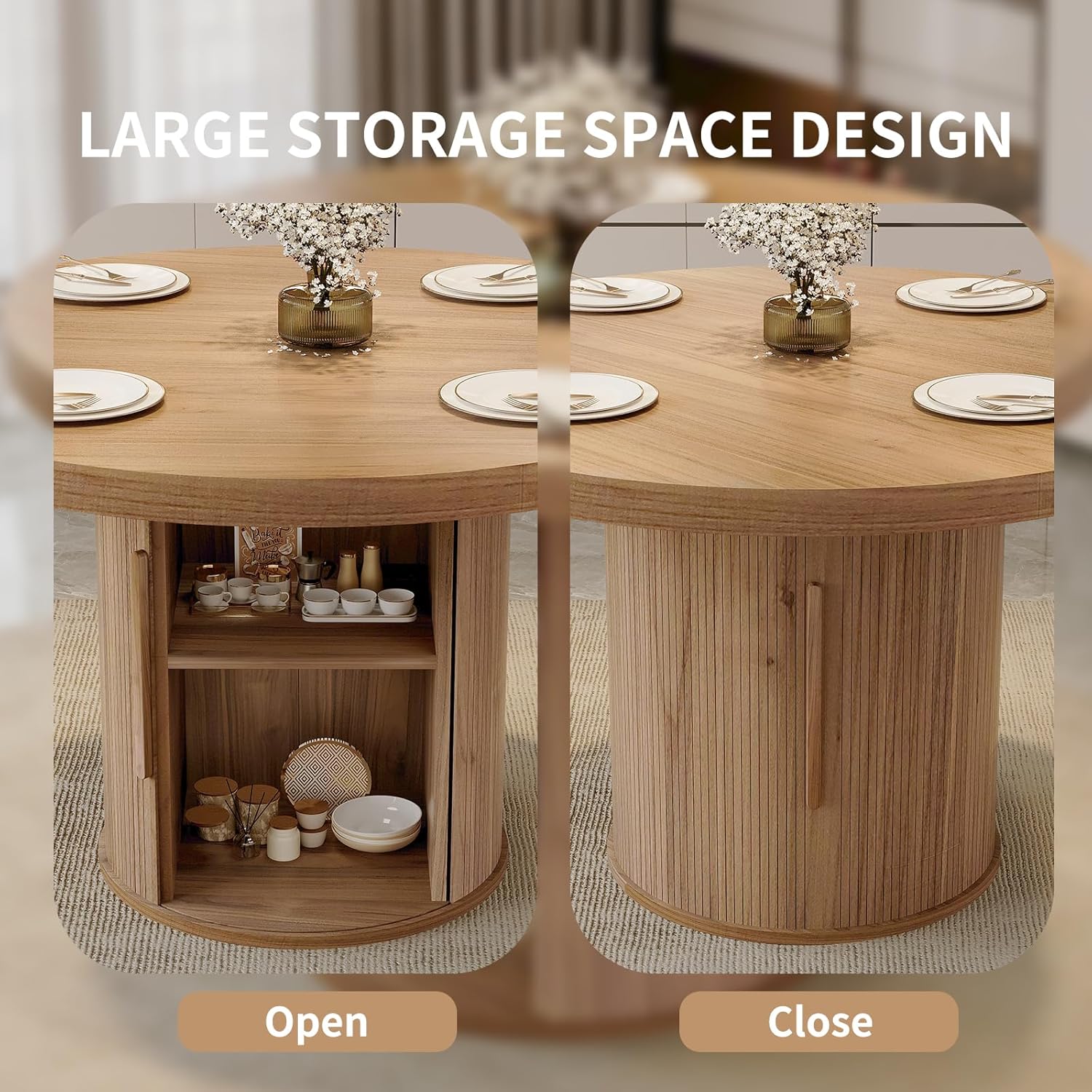 5-Piece Dining Set for Small Spaces 43.3" Round Table & 4 PU Leather Chairs, Modern Farmhouse with Storage Shelf, Apartment Kitchen Easy Assembly (Walnut Color Round Table + 4 U-Shaped Gray Chairs)