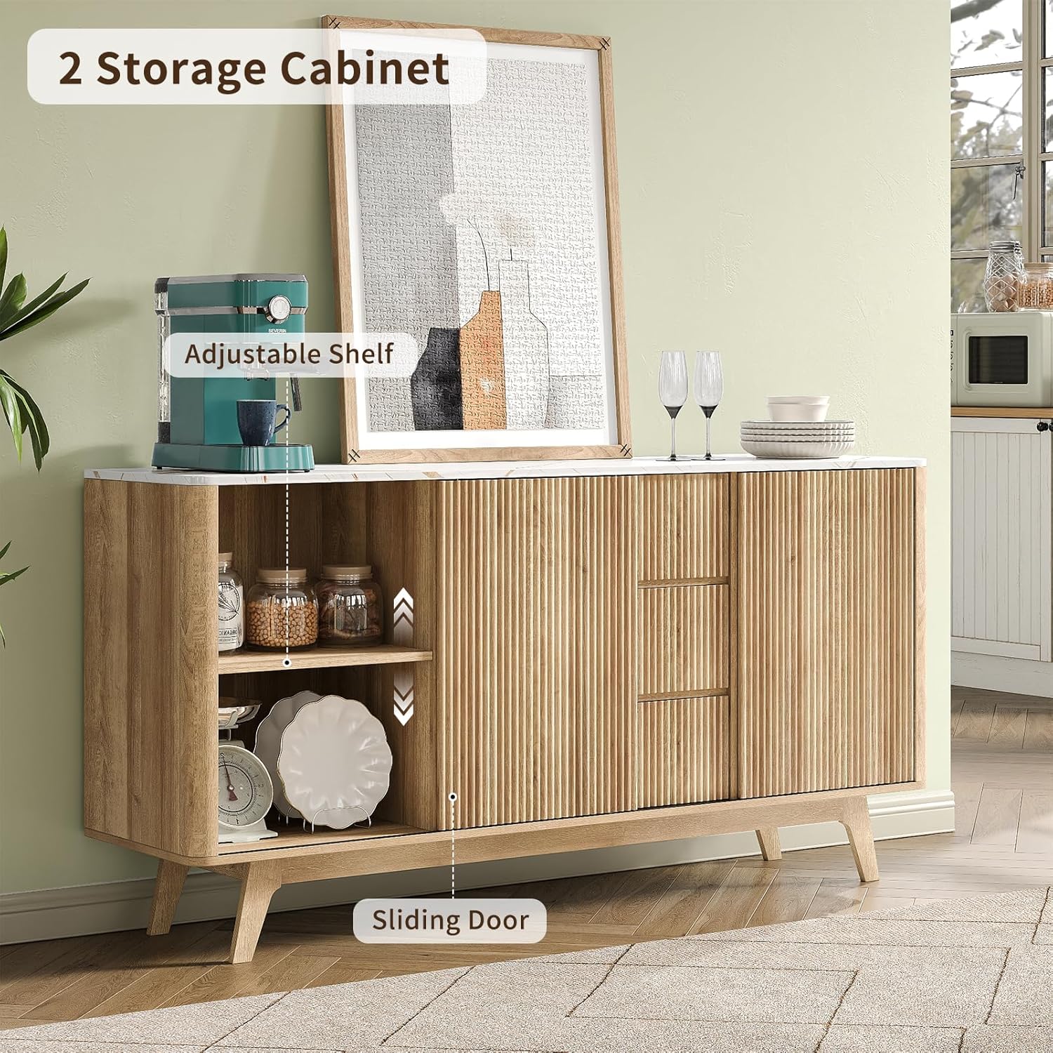 Yanosaku 62" W Fluted Buffet Cabinet with Sliding Doors, Modern Sideboard Storage Cabinet with Power Outlet & 3 Drawers, Mid-Century Coffee Bar Table for Living Room, Dinning Room, Natural