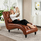 Faux Leather Chaise Lounge Indoor with Toss Pillow, Modern Chaise Lounge Chair, Upholstered PU Armless Ergonomic Chairs with Tufted Buttons and Nail Heads for Living Room, Bedroom Furniture, Brown