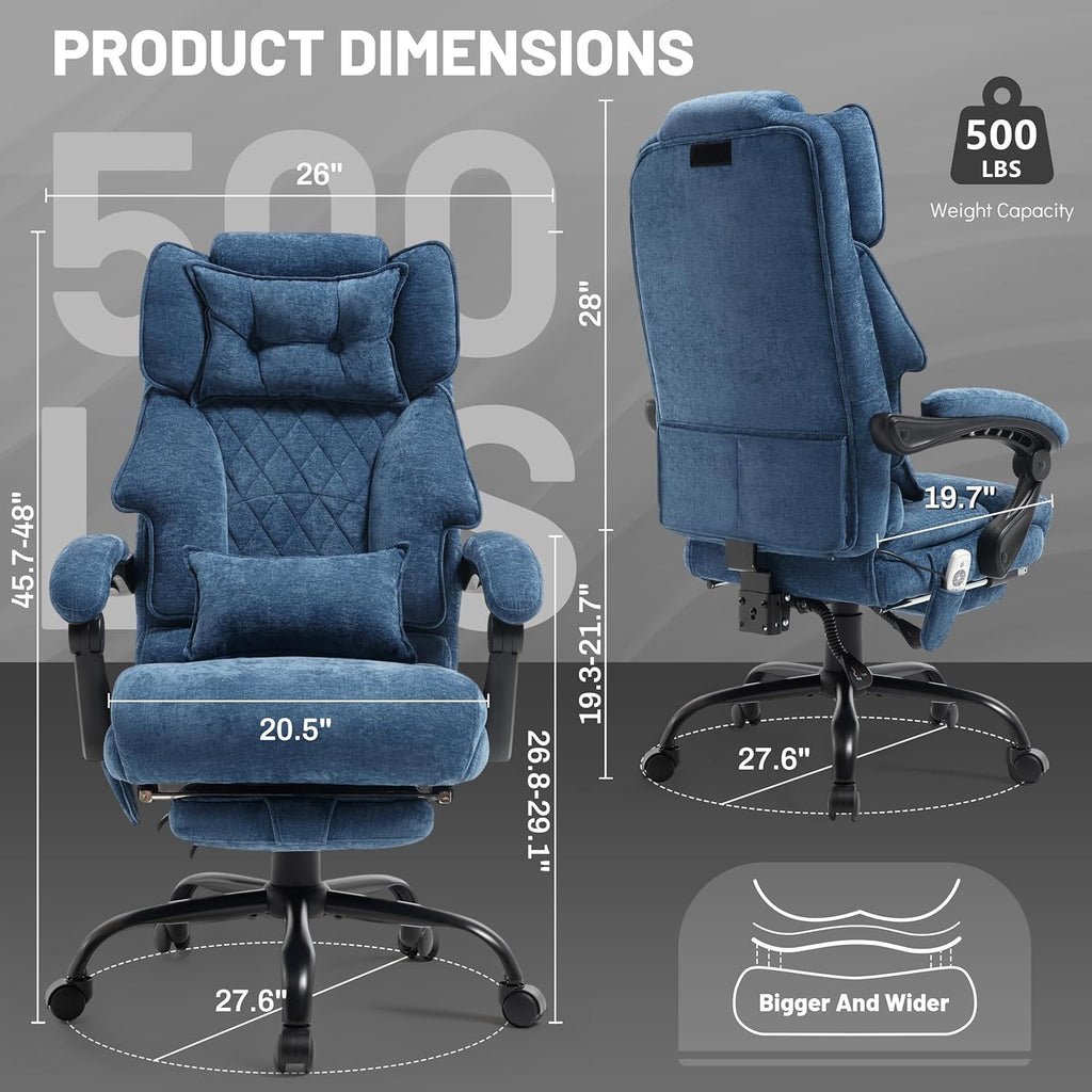 Massage Office Chair with Foot Rest,6 Points Vibration&Heat Executive Office Chairs,Big and Tall Fabric Office Chair 500LBS,Ergonomic Desk Chair for Heavy People,Home and Office Computer Chair,Blue
