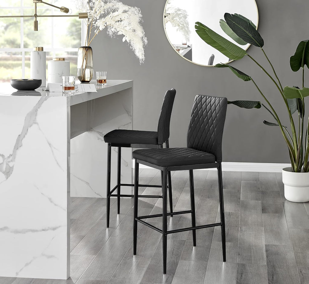 Furniturebox Milan Bar Stools - Contemporary Black Faux Leather Stools for Kitchen or Dining Room - Set of 2 with Soft Seats and Black Legs