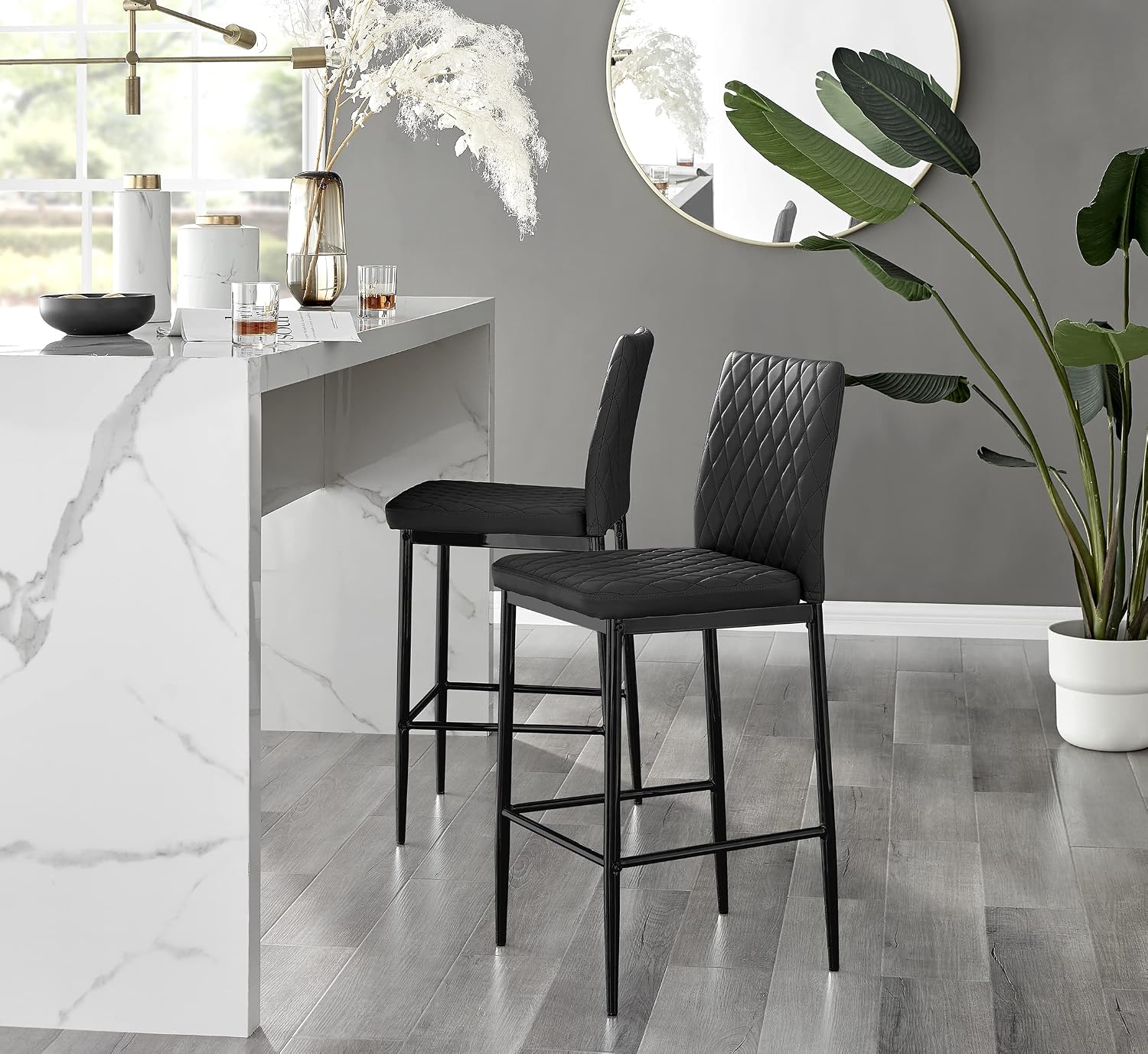 Furniturebox Milan Bar Stools - Contemporary Black Faux Leather Stools for Kitchen or Dining Room - Set of 2 with Soft Seats and Black Legs