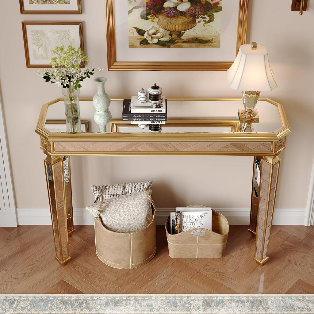 Gold Mirrored Console Table, 48" Rectangle Glass Sofa Table with Mirrored Vintage Carved Elements,Modern Luxury Mirror Furniture for Living Room Foyer Entrance Entryweay Hallway