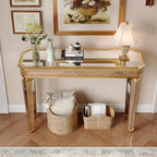 Gold Mirrored Console Table, 48" Rectangle Glass Sofa Table with Mirrored Vintage Carved Elements,Modern Luxury Mirror Furniture for Living Room Foyer Entrance Entryweay Hallway