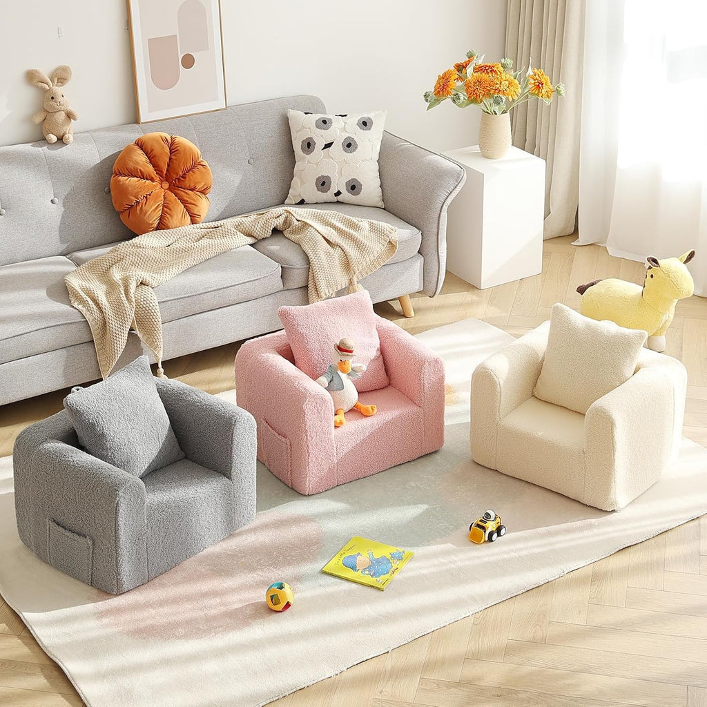 Welnow Kids Sofa with Pillow, Cozy Toddler Chair Soft Foam Seat for Reading, Children's Couch with Armrest Lightweight Comfy Kids Furniture for Bedroom, Playroom for Boys and Girls, Sherpa Beige