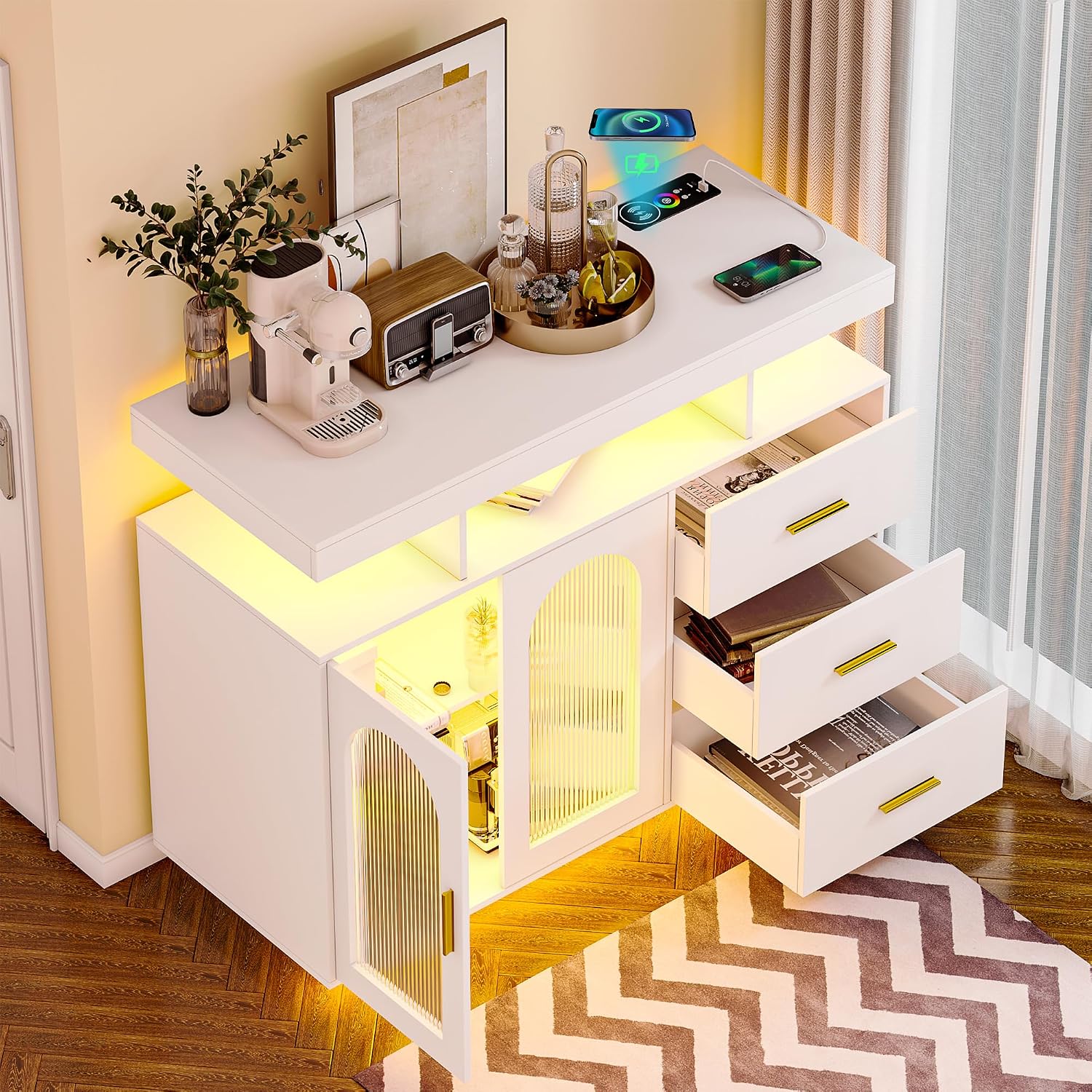 Gurexl 40" LED Buffet Cabinet with Wireless Charging Station,Auto Sensor RGB 20-Color Dimmable Sideboard with Human Body Induction,Sideboards Cabinet with 1 USB&Type-C Port and 3 Drawers