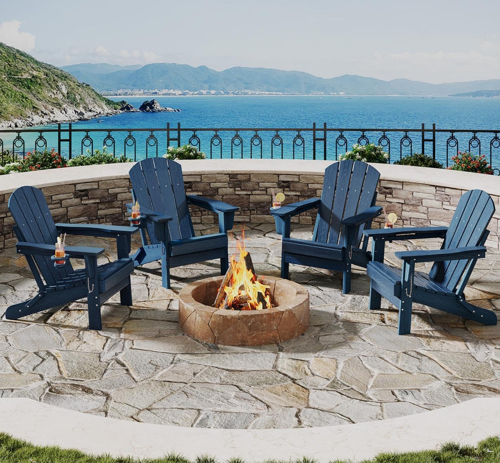 Garvee Folding Adirondack Chair Set of 4, HDPE Outdoor Patio Chair with Cup Holder, All Weather Resistent Wooden Textured for patios, Decks, Gardens, fire Pit, Navy Blue