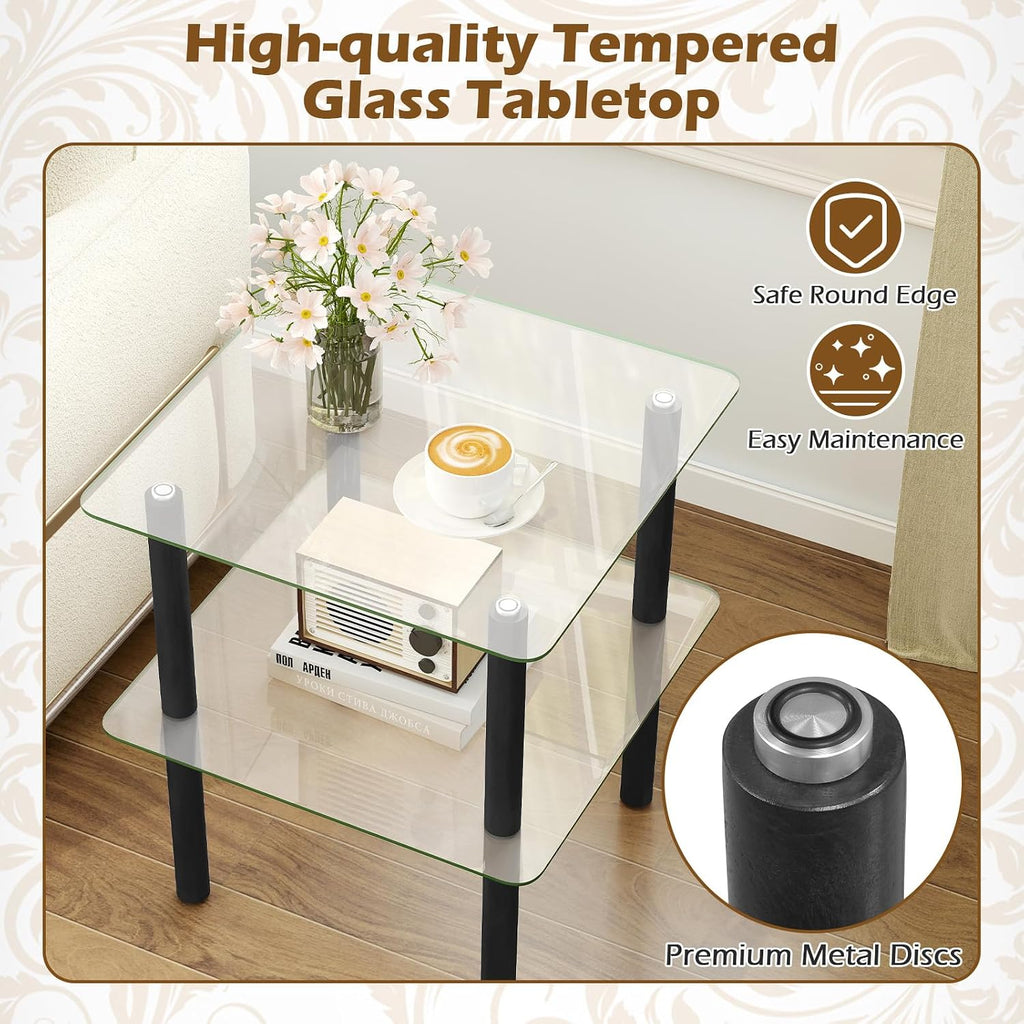 Giantex Square End Table, 2-Tier Sofa Side Table with Clear Tempered Glass Top & Shelf, Small Accent Table with Solid Rubber Wood Legs for Living Room Bedroom Home Office (Black & Clear)