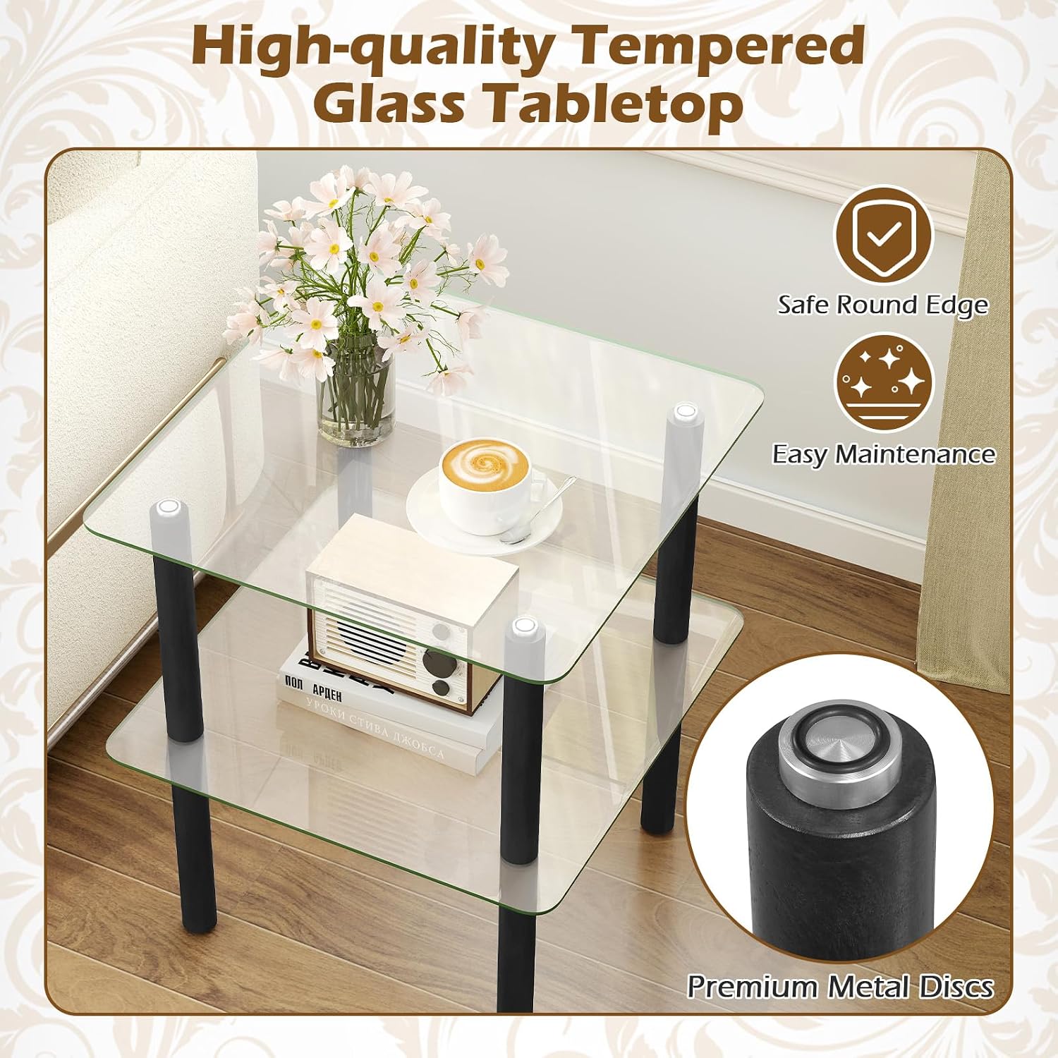 Giantex Square End Table, 2-Tier Sofa Side Table with Clear Tempered Glass Top & Shelf, Small Accent Table with Solid Rubber Wood Legs for Living Room Bedroom Home Office (Black & Clear)