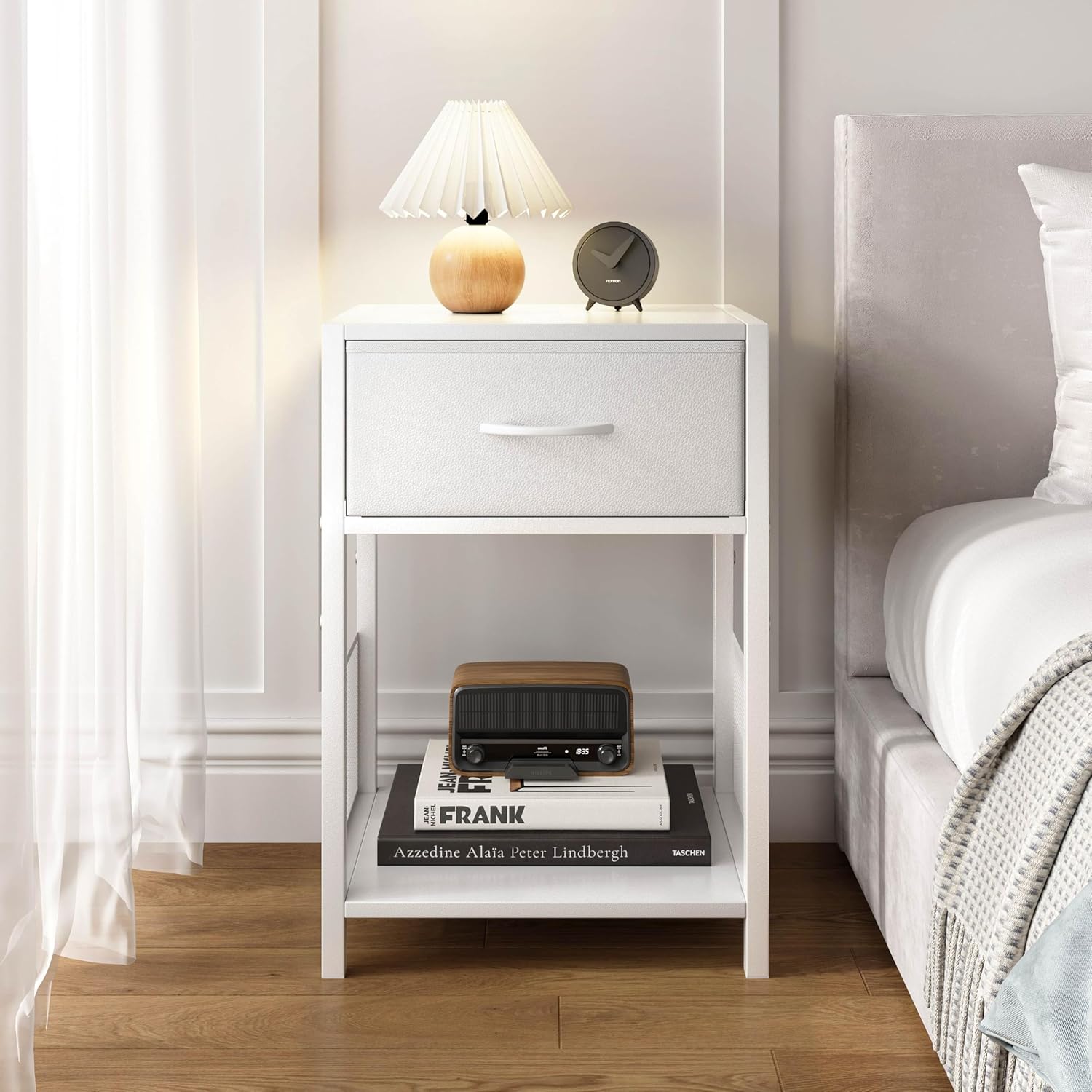 YAUKOMEL Nightstand Set of 2,End Table with Fabric Drawer,Side Table Set of 2,Storage Shelf,Bedside Table with Open Shelf,Sofa Table for Living Room,Bedroom,Small Space White CTG70W-2
