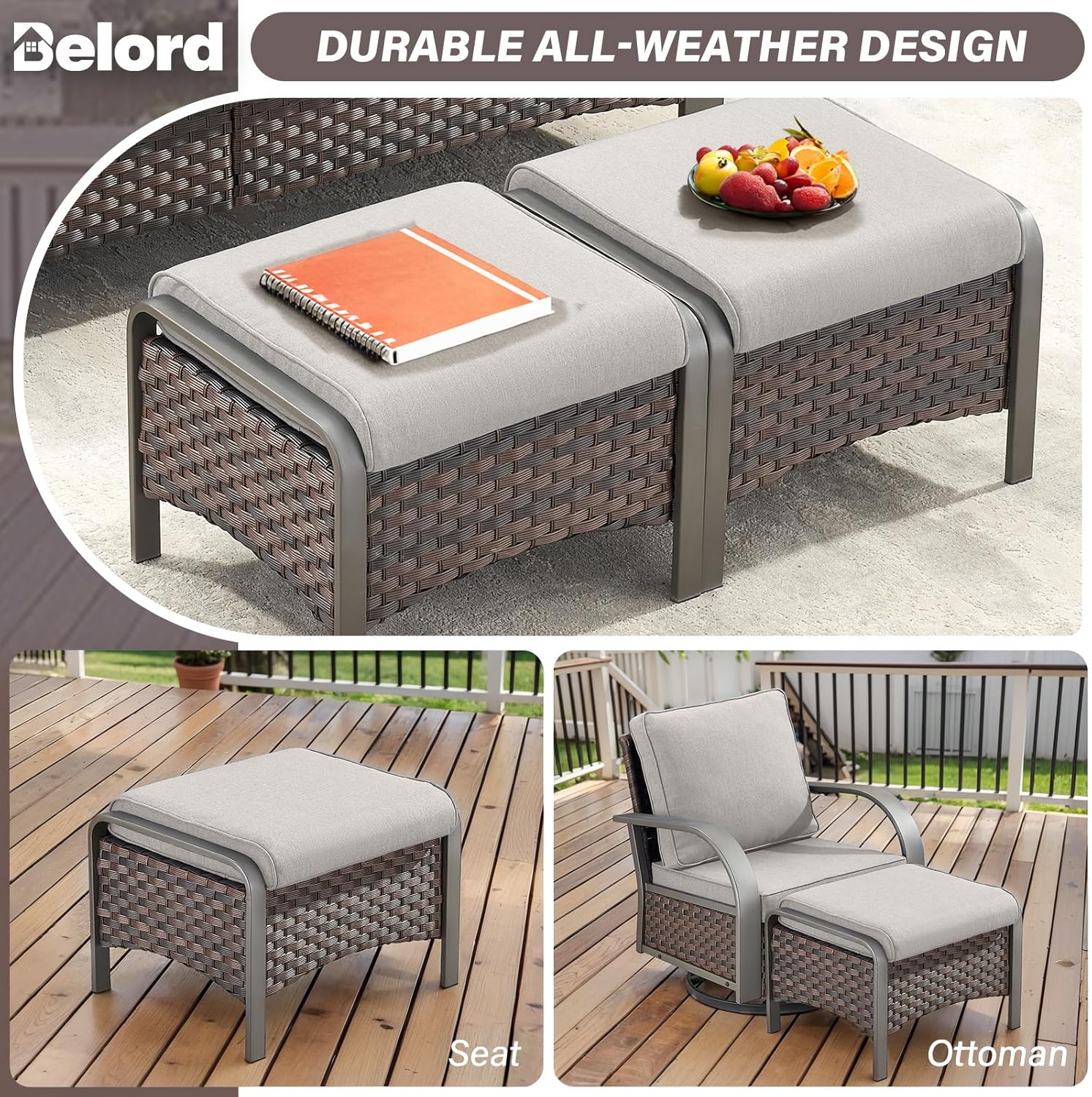Belord Outdoor Ottomans for Patio - 250 LBS Weight Capacity PE Wicker Foot Rest Ottoman Set of 2 with Metal Frame Multipurpose Outdoor Foot Stool for Porch Balcony Backyard Brown
