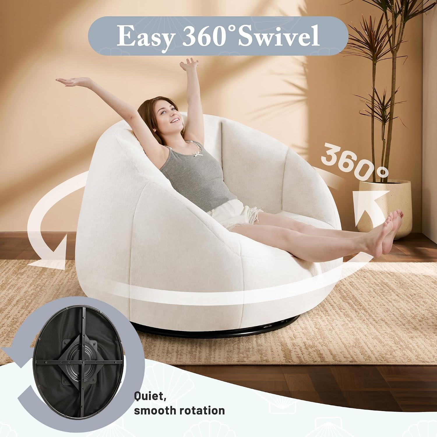 Gericco Swivel Giant Bean Bag Chair for Adults with Ottoman - Comfy Plush Round Shell Soft Accent Chaise Lounge Indoor Chair, Oversized Cozy Floor Sofa for Living Room, Bedroom & Game Rooms, Beige