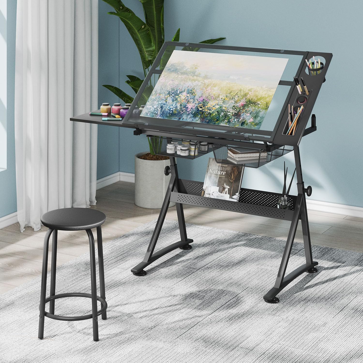 Glass Drafting Table and Stool Sets, Adjustable Height Drawing Table Art Craft Artist Desk Tilting Glass Tabletop with 2 Storage Drawers for Home Office (Black)