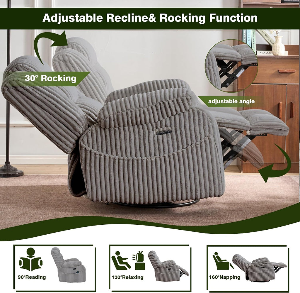 Oversized Power Swivel Rocker Recliner for Living Room, Extra Wide Nursery Rocking Chair with Vibration Massage and Heat, USB & Type-C Charging Port and Cup Holder for Adults, Grey