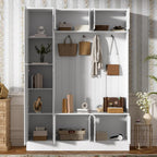 Merax Farmhouse Wood Hall Tree with Shoe Bench & 6 Cabinets, 4-in-1 Coat Rack with 4 Hooks & Adjustable Shelves, Entryway Storage Organizer Cabinet for Entrance, Hallway, Mudroom White