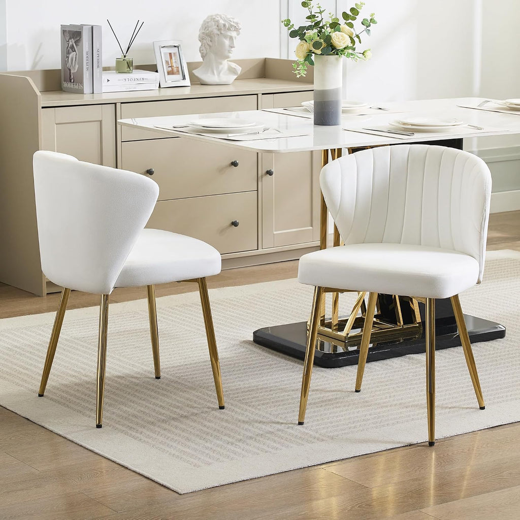 WUTUTUEE Velvet Vanity Chair Set of 2, Modern Makeup Chair with Back Golden Legs, Small Cute Accent Chair for Vanity, Living Room, Bedroom, White