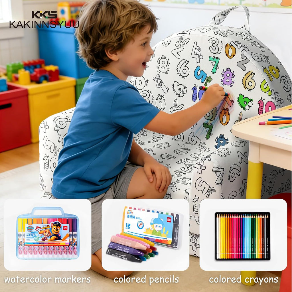 Toddler Chair & Couch, Kids Sofa 2-in-1 with Draw-On Fabric, Fold Out Convertible Foam Lounge for Playroom, Gift for Toddlers & Birthday
