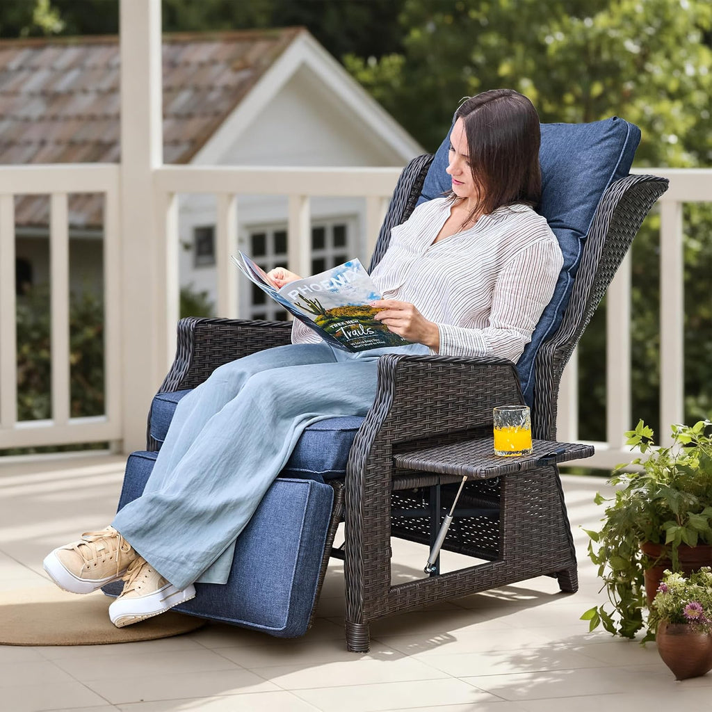 Outdoor Indoor Wicker Recliner with Adjustable Back and Footrest, Patio Reclining Chair with Flip-up Table, Outdoor Rattan Lounge Chair,Navy