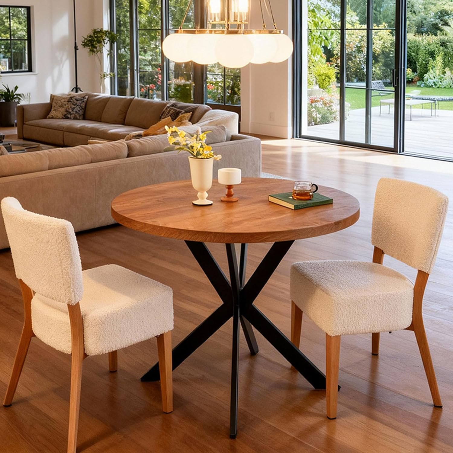 Stackable Dining Chairs Set of 2, Modern Fabric Upholstered Kitchen Side Chairs, Mid Century Modern Dining Room Chair with Oak Wood Grain Color Metal Legs for Small Spaces, White