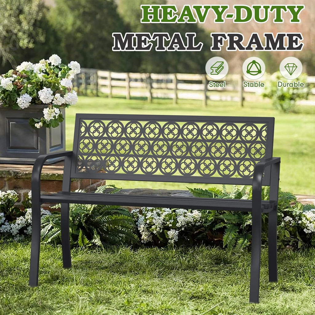 44" Outdoor Garden Bench, Iron Metal Frame Patio Bench with Backrest and Armrests, Weatherproof Anti-Rust Outdoor Bench for Front Porch, Park, Yard, Patio (411-Black)