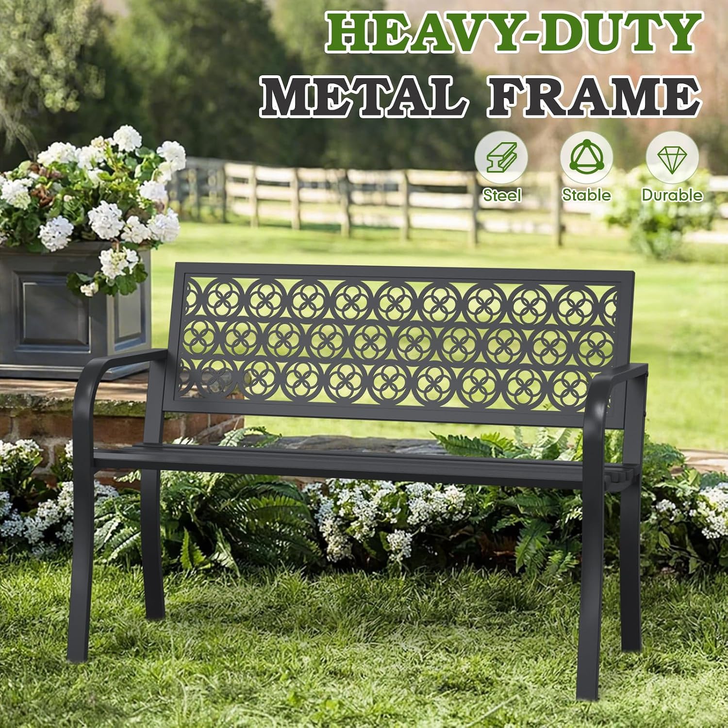 44" Outdoor Garden Bench, Iron Metal Frame Patio Bench with Backrest and Armrests, Weatherproof Anti-Rust Outdoor Bench for Front Porch, Park, Yard, Patio (411-Black)