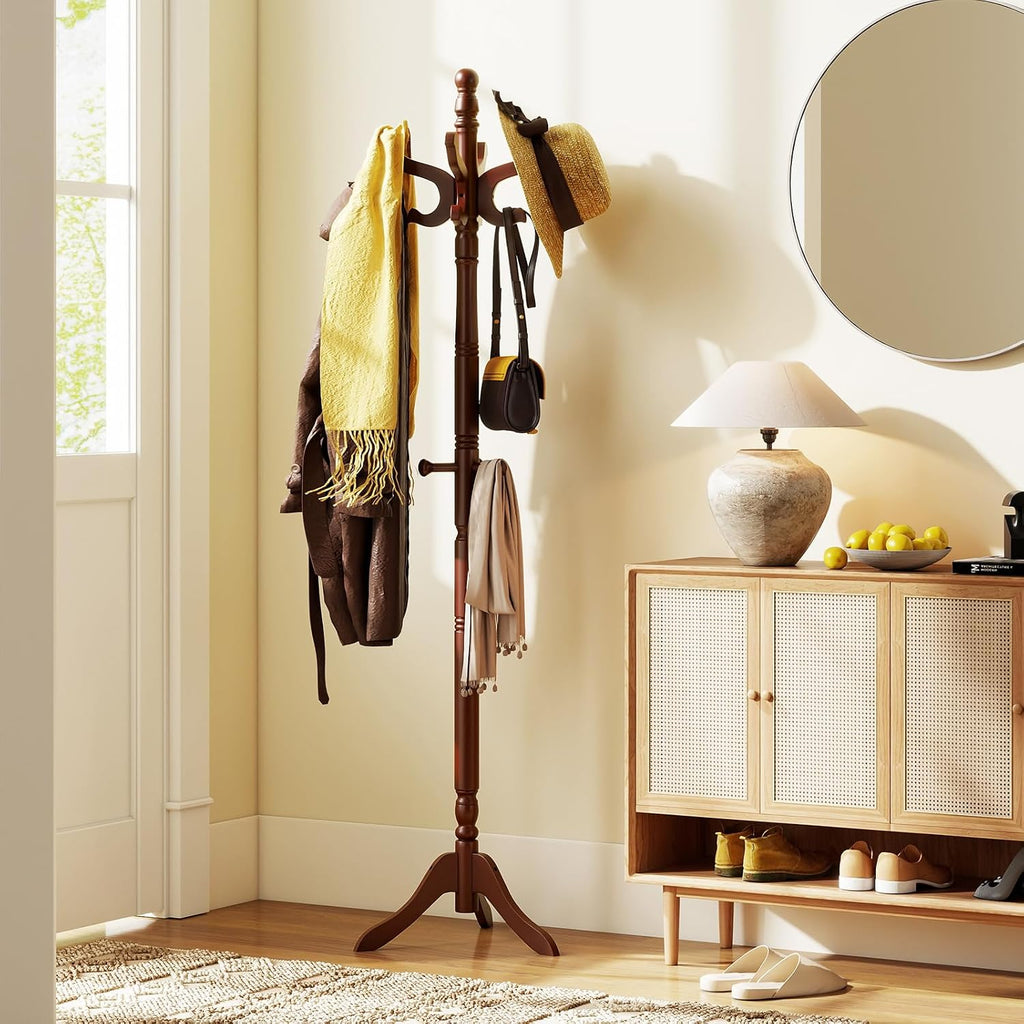 Tangkula Coat Rack Freestanding, Solid Rubber Wood Coat Tree with 11 Hooks and 3 Height Options for Coats, Hats, Bags, Purses, Clothes, Hanger Stand for Entryway Hallway Bedroom Office (Reddish Brown)