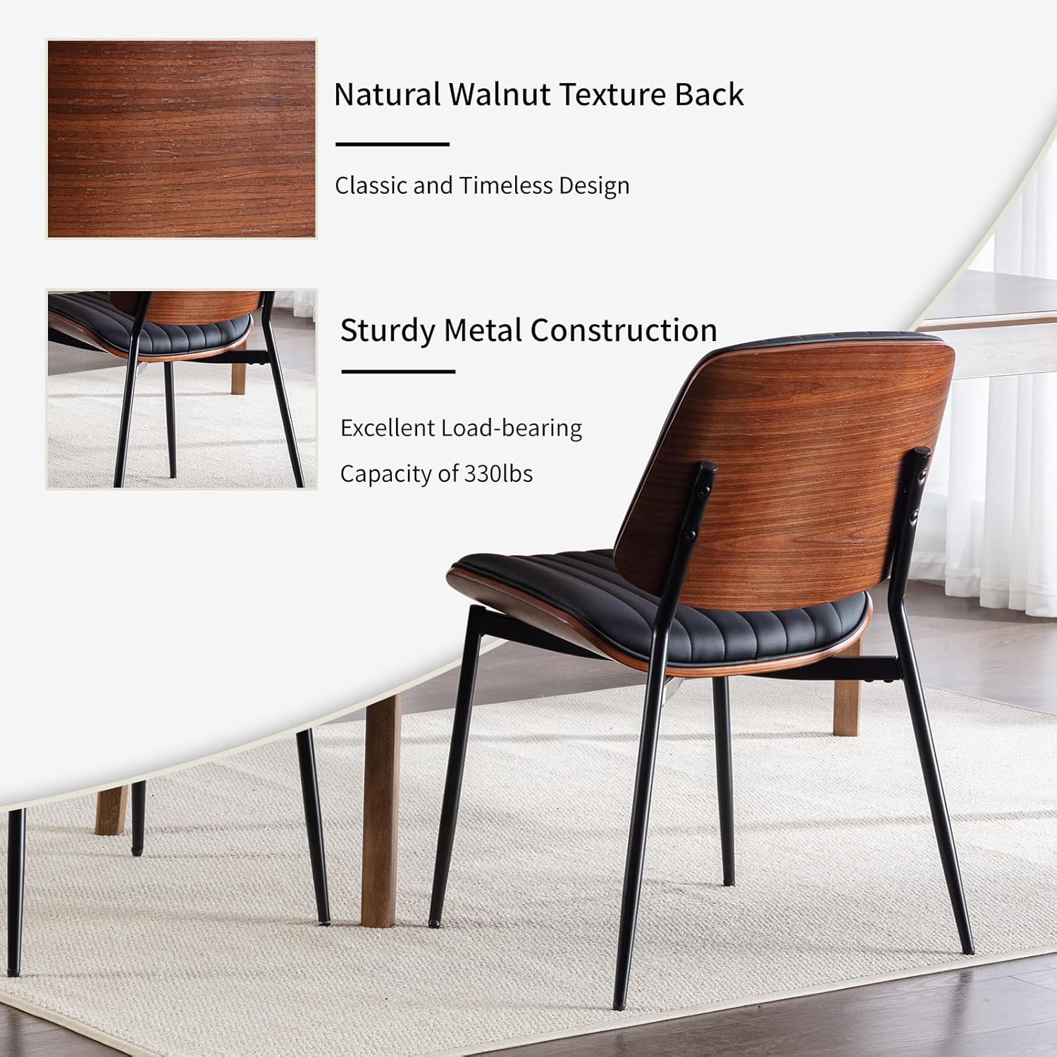 ODUSE-DAILY Mid Century Modern Dining Chairs Set of 8, Black Kitchen & Dining Room Chairs Set of 8, Upholstered PU Leather Kitchen Chairs, Sillas de Comedor, Metal Leg, Walnut Back (Black, 8 Pcs)