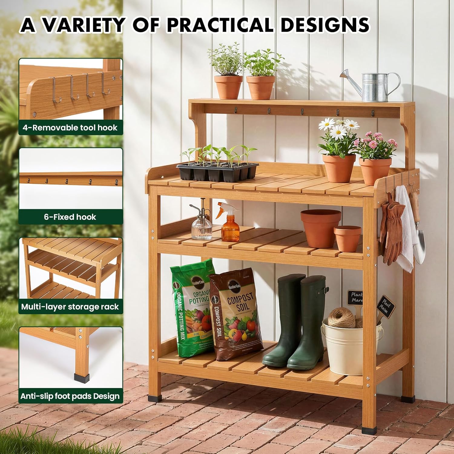 Frogprin Potting Bench for Women Men, HDPS Outdoor Garden Table Workstation with 9 Hooks, 4-Tier Rack, All-Weather Waterproof Workbench for Outside Garden - Teak, Extra-Large, 35.6''X16.5''X45.5''