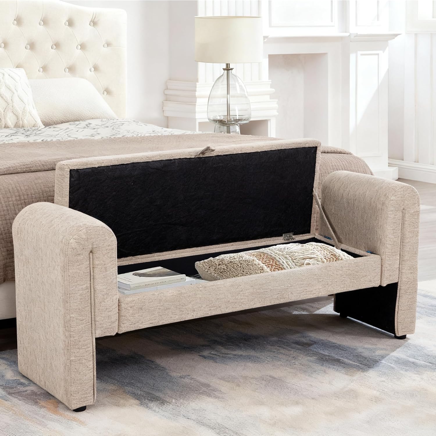 60.5" End of Bed Bench, Velvet Bedroom Bench,King Bed Bench,with 2 Pillows,Upholstered Bench,Suitable for End of Bed, Entryway Living Room,Bedroom. (Linen Apricot)