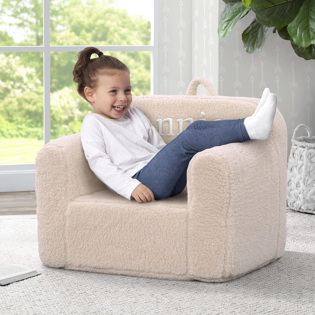 Delta Children Cozee Sherpa Chair – Customize with Name – Foam Kids Chair for Ages 18 Months and Up, Cream