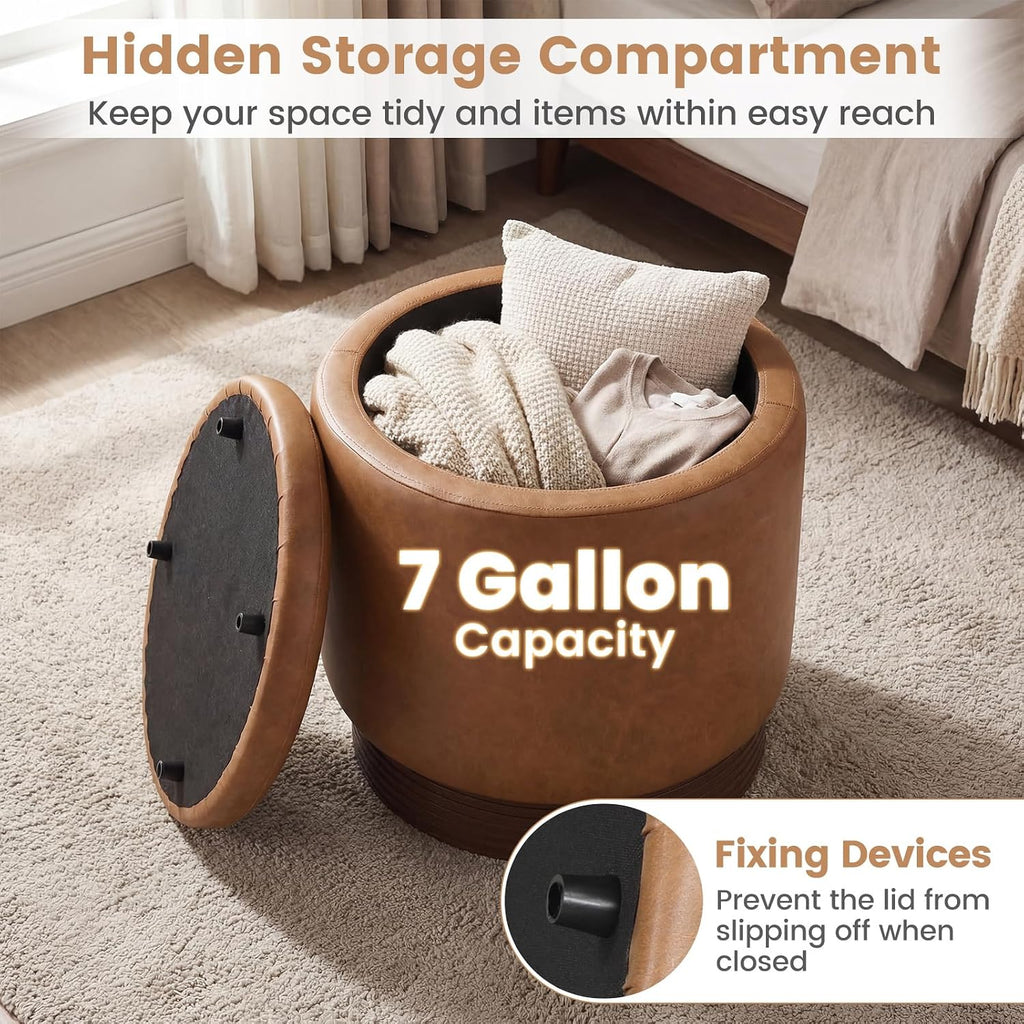 Giantex Round Ottoman with Storage, 360° Swivel Faux Leather Vanity Stool with Removable Lid & Acacia Wood Frame, Ottoman Foot Rest for Living Room, Bedroom, Makeup Room