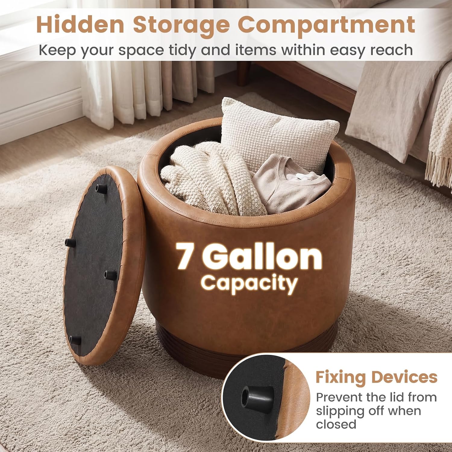 Giantex Round Ottoman with Storage, 360° Swivel Faux Leather Vanity Stool with Removable Lid & Acacia Wood Frame, Ottoman Foot Rest for Living Room, Bedroom, Makeup Room