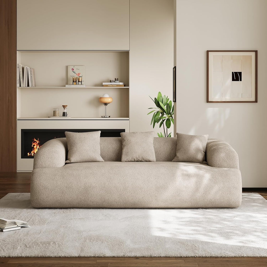 91" Boneless Couch,Cloud Couch,Chenille Curved Sofa with 3 Seater and 3 Pillows, Modern Compression Sofa for Living Room, Bedroom and Apartment, No Assembly Required, Light Brown