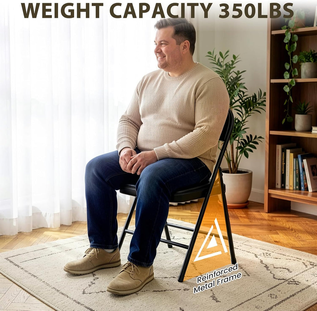 Folding Chairs 4 Pack,350 lbs Heavy Duty Metal Frame Folding Chairs with PU Leather Cushion, Ergonomic Foldable Chair with Non-Slip Feet, Portable Stackable Seating for Wedding Camping Events-Black