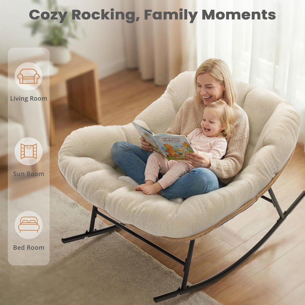 Easyego Oversized Papasan Rocking Chair Indoor Outdoor Use, Comfortable Wicker Rocker with Cozy Thicken Cushion for Deck, Balcony, Poolside, Lawn, Bedroom, Living Room, Cream White