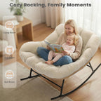 Easyego Oversized Papasan Rocking Chair Indoor Outdoor Use, Comfortable Wicker Rocker with Cozy Thicken Cushion for Deck, Balcony, Poolside, Lawn, Bedroom, Living Room, Cream White