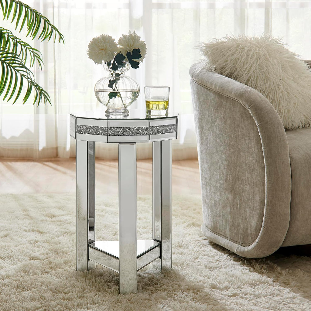 IKIFLY Mirrored End Table with 2-Tier, Crushed Diamond Nightstand with Octagonal Tabletop, Silver Accent Beside Table with Storage for Living Room, Bedroom and Office
